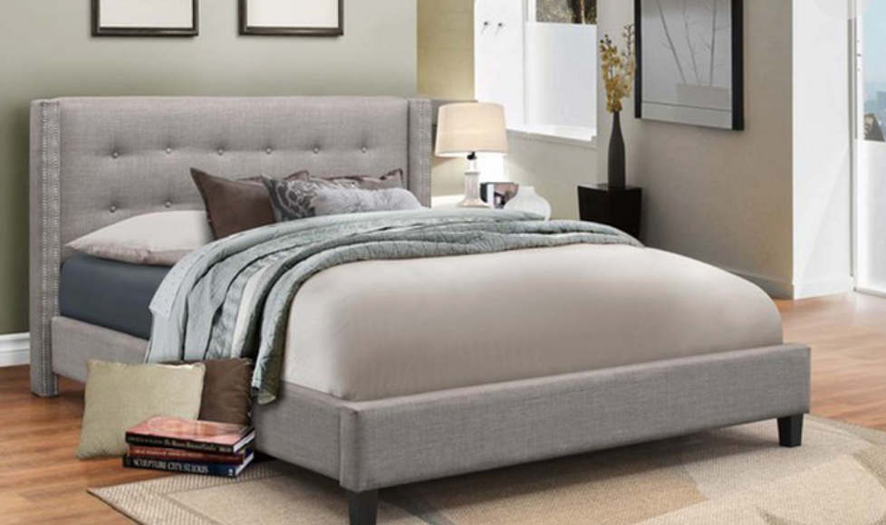 grey linen bed